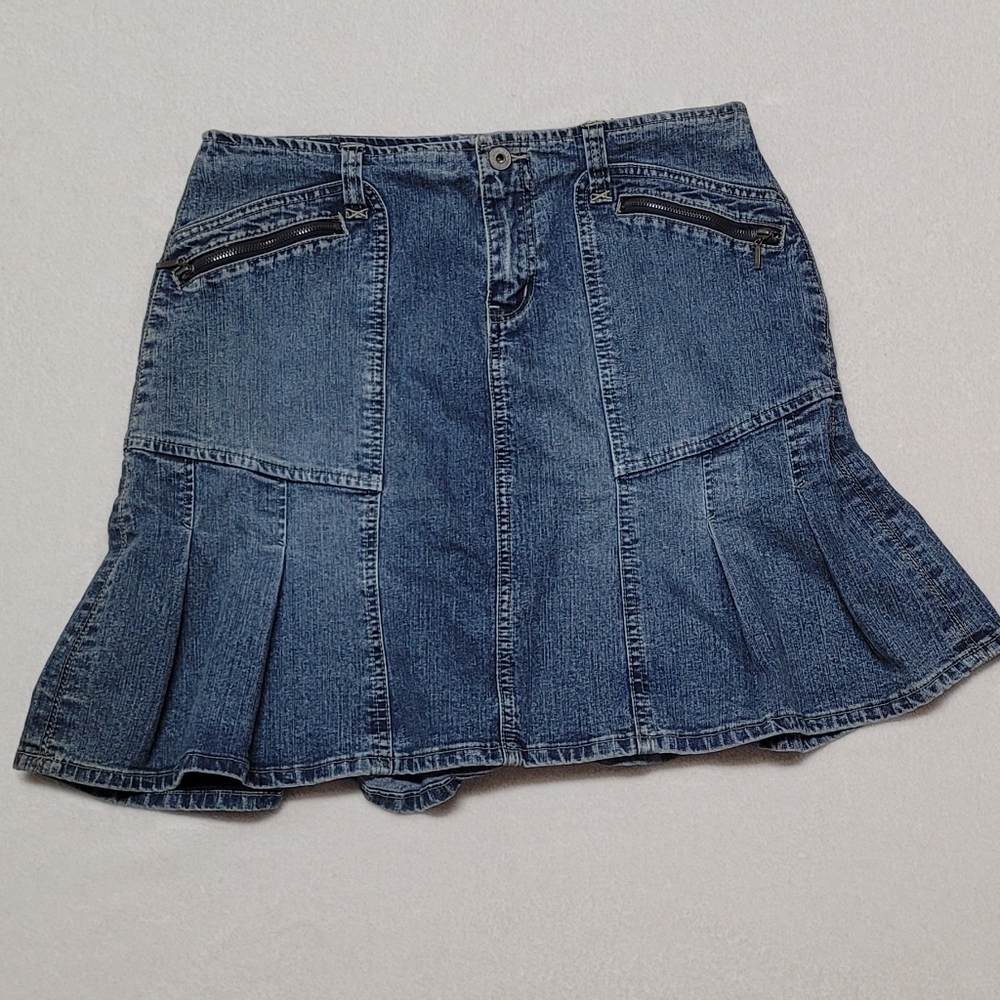 Vintage 90s Carolina Blues High Waist Stretchy Mid Wash Pleated Micro Mini Skirt - Picture 2 of 9